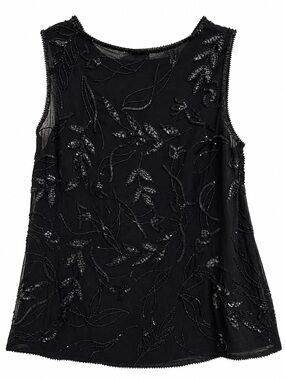 Louis Feraud Black Beaded Blouse Sleeveless Sheer Top Size 14 Vintage 1990’s